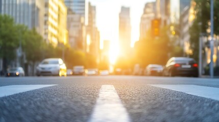 Aufkleber - Blurry sunset view from a city street with cars and tall buildings illuminated by warm evening light : Generative AI