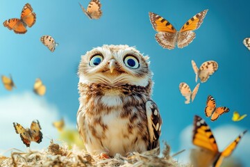 Cute baby owl looking at flying butterflies in nature