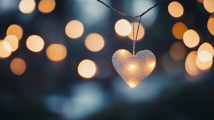 Aufkleber - Soft glow of heart shaped light decoration hanging among blurred bokeh fairy lights in a cozy setting : Generative AI