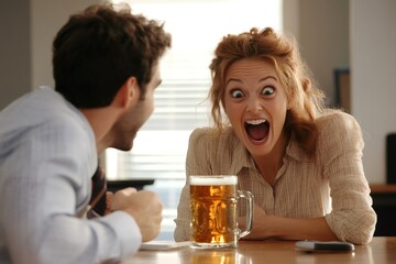 Excited woman screaming watching sports with beer and male friend