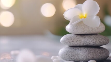 Poster - Calming arrangement of smooth stones topped with a delicate flower highlighting themes of tranquility and balance : Generative AI