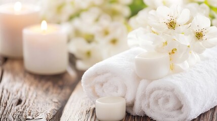 Aufkleber - Calming arrangement of white towels and candles surrounded by delicate flowers creating a serene atmosphere : Generative AI