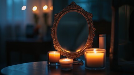 Sticker - A beautiful vanity mirror with an ornate frame, reflecting a warm candlelit ambiance