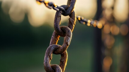 Fototapete - Closeup of rusted iron chain reflecting beautiful bokeh and warm sunlight in a fresh environment : Generative AI