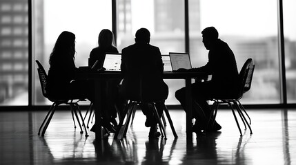 Poster - Group of professionals collaborating in a modern office with silhouettes against large glass windows : Generative AI