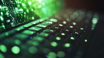 Aufkleber - Closeup view of a computer keyboard with digital green data streams in the background : Generative AI