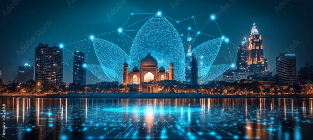 Futuristic City Skyline at Night with Digital Network Overlay and ...