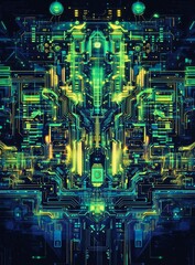 Poster - Futuristic circuit board glowing, digital art, background, tech design