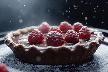 Poster - A delicious-looking chocolate tart topped with fresh raspberries and powdered sugar, perfect for a dessert or snack