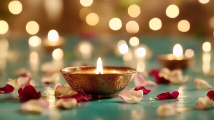 Leinwandbilder - A cozy and romantic arrangement of glowing candles atop a vibrant turquoise surface with rose petals : Generative AI