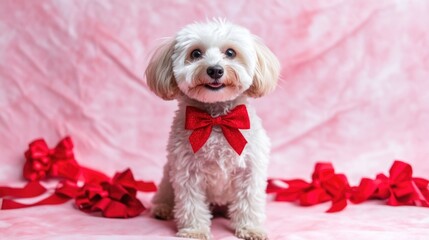 Poster - A small white dog wearing a bright red bow tie, great for pet or fashion-related uses