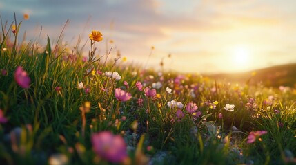 Poster - A peaceful scene with blooming flowers and a warm sunset glow