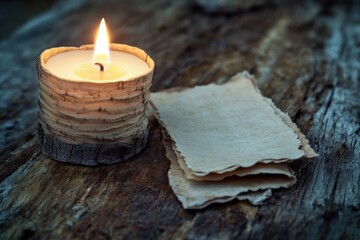 Wall Mural - A single lit candle sits on a wooden table, perfect for a warm and cozy atmosphere