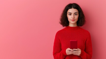 A young woman in a cozy red sweater stands against a pink wall, holding a small red box while looking directly at the camera. The scene conveys warmth and curiosity.