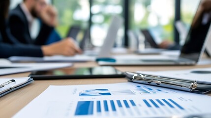 Poster - Close up view of a modern business meeting with documents and laptops on the table : Generative AI