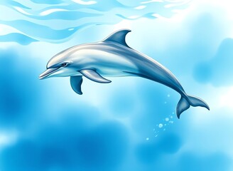 Poster - an image of a dolphin swimming in the ocean with a blue sky background, dolphin in the water with blue sky and clouds in the background