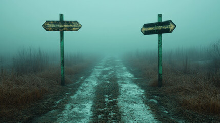 Wall Mural - A misty road illustration representing uncertainty, rendered in high fidelity for stock image use.