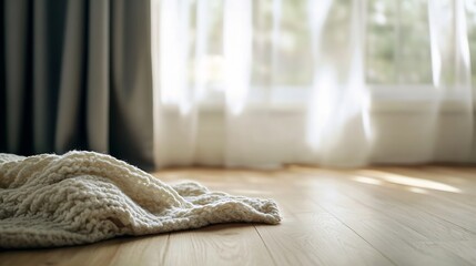 Aufkleber - Cozy living space with soft knitted blanket on warm wooden floor near bright window : Generative AI