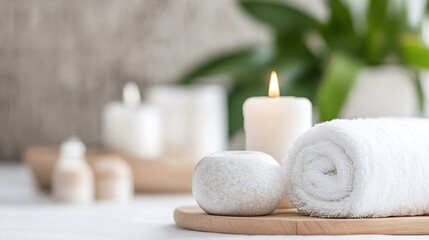 Aufkleber - Spa setting featuring fresh towels glowing candle and beautiful green plant for relaxation : Generative AI