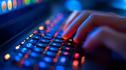 Fototapete - Closeup view of a hand typing on a glowing keyboard in a dark environment showcasing technology and gaming : Generative AI