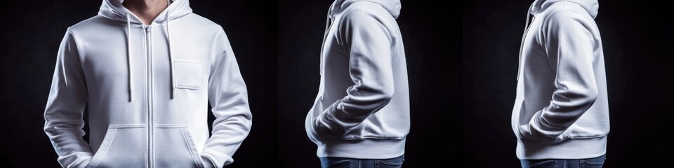 Wall Mural - A person wearing a white hoodie posing for the camera, with a neutral expression