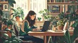© Johannes - A girl is sitting at the laptop and working on it at her home office, surrounded by plants and books, flat design illustration with white background, vector style