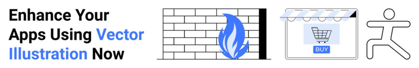 Brick wall with flame suggesting firewall, online storefront with shopping cart, and user-focused design icon balancing functionality. Ideal for app design, e-commerce, security, usability, tech