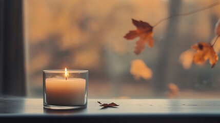 Canvas Print - Tranquil autumn scene with lit candle on window sill surrounded by falling leaves and warm lighting : Generative AI