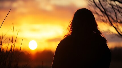 Canvas Print - Silhouette of a woman gazing at a stunning sunset over a tranquil landscape filled with warm hues : Generative AI