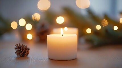 Poster - Soft glowing candles with warm bokeh lights create a soothing ambiance for relaxation and comfort in a cozy setting : Generative AI