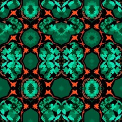 Wall Mural - Emerald Kaleidoscope: A mesmerizing seamless pattern explodes with vibrant teal and burnt orange hues, forming intricate geometric shapes and floral motifs against a deep black background.