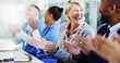 © David/peopleimages.com - Applause, nurses and doctors in management meeting with support, success or achievement in clinic. Smile, cheers and healthcare team in celebration for medical innovation, hospital funding or winning