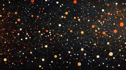 Fototapete - Abstract cosmic background with glowing orange and yellow particles connected by thin lines on a dark backdrop.
