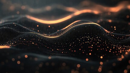 Poster - Abstract dark background with glowing particles forming wavy lines.