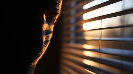 Aufkleber - Mysterious close up of a person's face partially hidden in shadows with sunlight filtering through blinds : Generative AI
