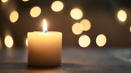 Poster - A softly glowing candle illuminated against a festive background of bokeh lights : Generative AI