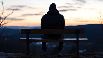 Wall Mural - Silhouette of a Man Sitting on a Bench at Dusk Overlooking a Beautiful Horizon : Generative AI