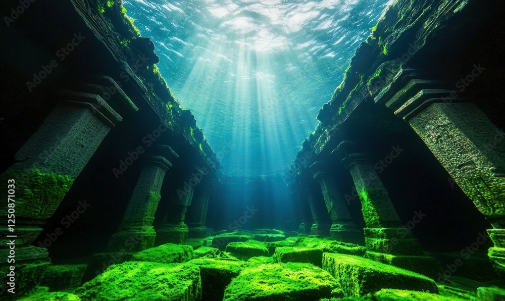 Submerged Ancient Temple with Stone Carvings and Underwater Flora Stock ...