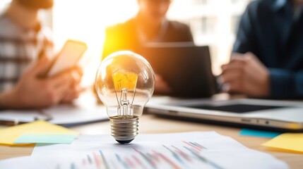 Fototapete - Creative workspace with a light bulb as the focal point symbolizing innovative ideas and teamwork : Generative AI