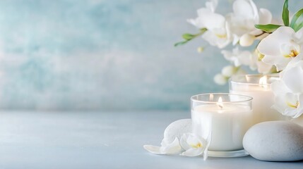 Poster - Elegant arrangement of white candles and fresh orchids on a serene blue background for a peaceful ambiance : Generative AI