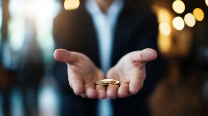 Aufkleber - Man holding shiny gold coins in his open hands representing financial success : Generative AI