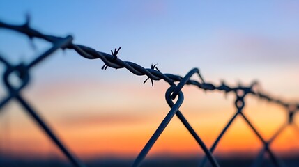 Fototapete - Close Up of Barbed Wire Fence Against a Beautiful Sunset Sky : Generative AI