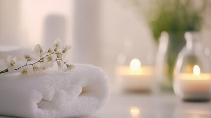Poster - Relaxing spa setting with rolled towels and glowing candles for an atmosphere of tranquility and wellness : Generative AI