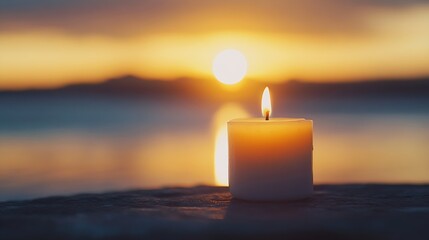 Poster - Warm sunset illuminating a single white candle on a serene water surface creating a tranquil atmosphere : Generative AI