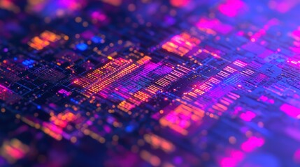 Poster - Abstract digital circuit board with vibrant pink, orange, and blue glowing lines and nodes.