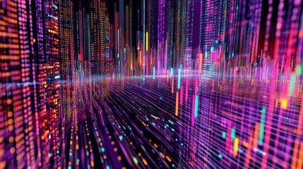 Fototapete - Abstract digital city landscape with colorful glowing lines and data streams.