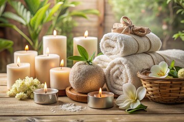 Wall Mural - Spa Items Arranged Beautifully With Cozy Towels and Candles. Generative AI