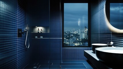 Wall Mural - A bathroom with a large window offering a great view of the city