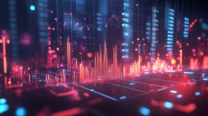 Fototapete - Abstract digital data visualization with glowing lines, charts, and graphs in red, orange, and blue hues.