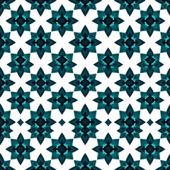 Wall Mural - Teal Geometric Pattern: A seamless, repeating pattern of stylized teal flowers on a white background. Perfect for textile design, wallpaper, or digital projects.  